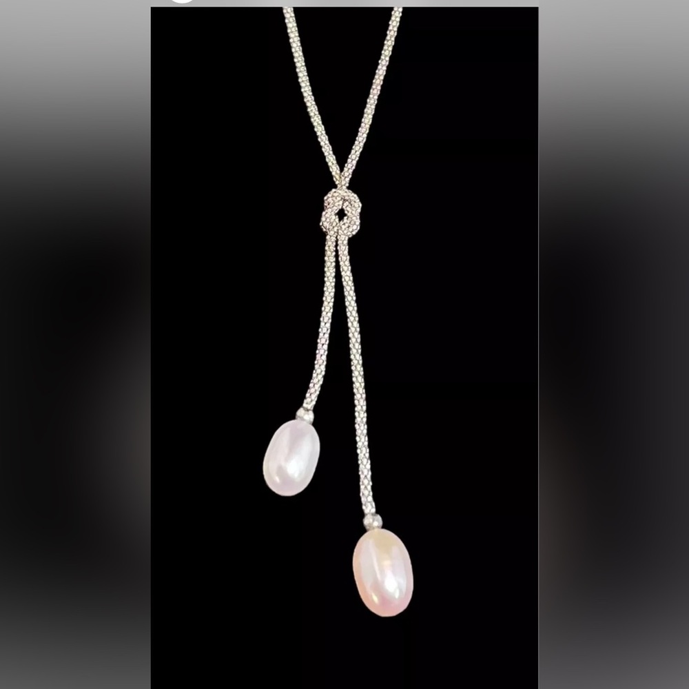Sterling Silver Double Pearl Pink Ivory Lariat Style Necklace Vintage G11 925